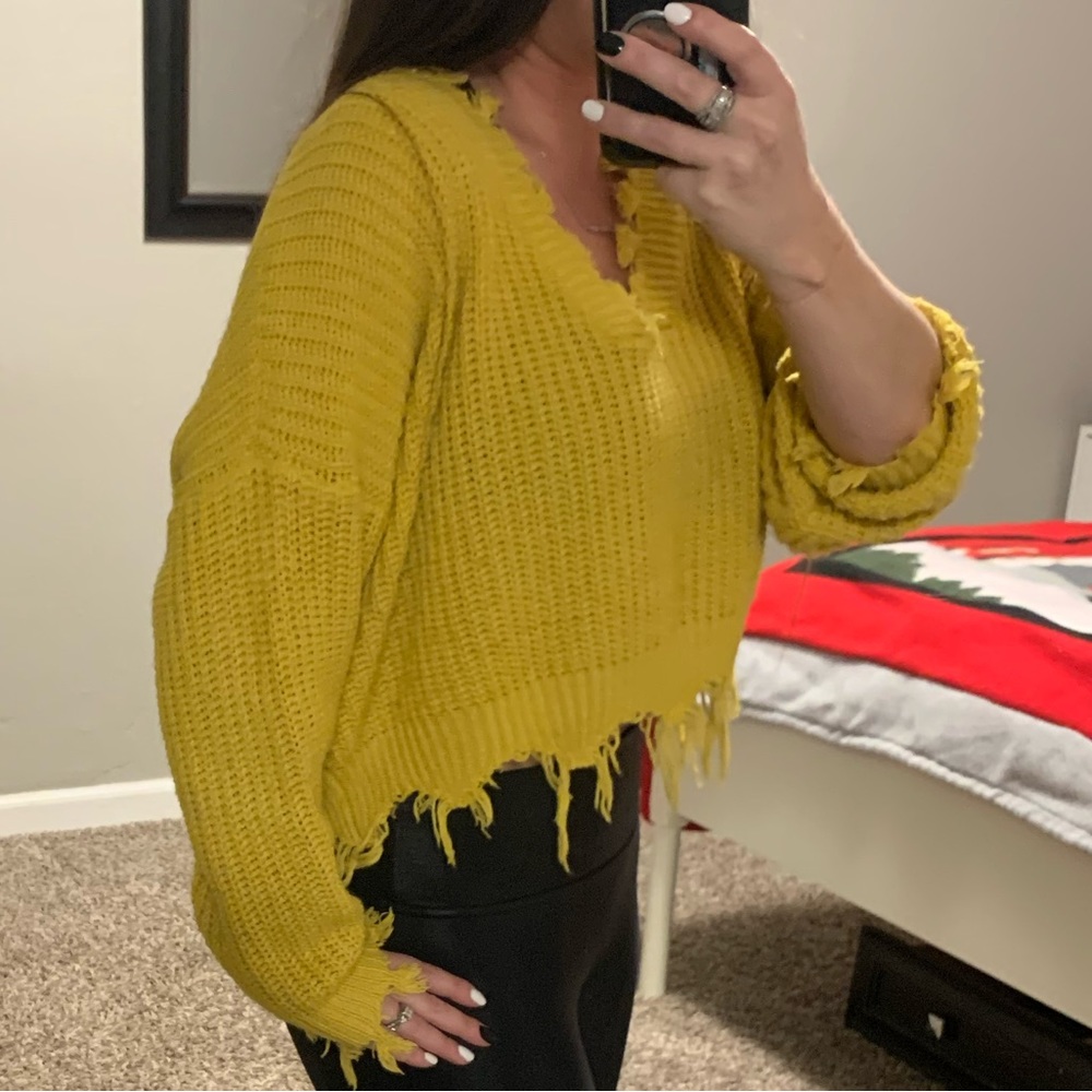Zaeful fringe sweater cropped one size mustard yellow